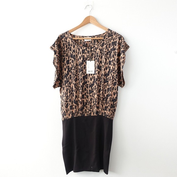 GANNI Cocktail Dress Large Black Leopard Boat Neck Drop Waist Casual Boho Preppy - Picture 1 of 16